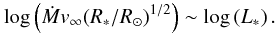 Mathematical equation: \begin{equation} \log\left(\Mdot\vinf(\Rstar/\Rsun)^{1/2}\right)\sim\log\left(\Lstar\right). \label{mom} \end{equation}