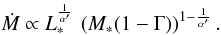 Mathematical equation: \begin{equation} \Mdot \propto \Lstar^{\frac{1}{\alpha'}}\, \left(\Mstar(1-\Gamma)\right)^{1-{\frac{1}{\alpha'}}} . \label{mdotlm} \end{equation}
