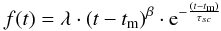 Mathematical equation: \begin{equation} f(t) = \lambda \cdot (t-t_{\rm m})^{\beta} \cdot {\rm e}^{-\frac{(t-t_{\rm m})}{\tau_{sc}}} \label{exp-fit} \end{equation}