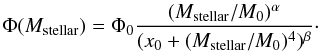 Mathematical equation: \begin{equation} \label{eq:MF_fit} \Phi(M_{\rm stellar}) = \Phi_0 \frac {(M_{\rm stellar}/M_0)^\alpha } {(x_0+(M_{\rm stellar}/M_0)^4)^\beta } \cdot \end{equation}