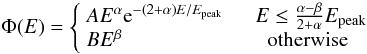 Mathematical equation: \begin{equation} \Phi(E)= \left \{ \begin{array}{ll} AE^{\alpha}{\rm e}^{-(2+\alpha)E/E_{\rm peak}}~~~~~~E\leq \frac{\alpha-\beta}{2+\alpha}E_{\rm peak} \\ BE^{\beta}~~~~~~~~~~~~~~~~~~~~~~~~~~~~\rm otherwise \end{array} \right. \end{equation}
