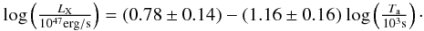 Mathematical equation: \begin{equation} \begin{array}{rcl} {\rm log}\left(\frac{L_{\rm X}}{10^{47}\rm erg/s}\right)=(0.78\pm0.14) -(1.16\pm0.16){\rm ~log}\left(\frac{T_{\rm a}}{10^{3}\rm s}\right)\cdot \end{array} \end{equation}