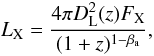 Mathematical equation: \begin{equation} L_{\rm X}=\frac{4 \pi D_{\rm L}^{2}(z)F_{\rm X}}{(1+z)^{1-\beta_{\rm a}}}, \end{equation}