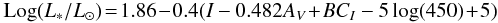 Mathematical equation: \begin{eqnarray} \label{LI:eq} {\rm Log}(L_{*}/L_{\odot}) \!=\! 1.86 \!-\! 0.4(I - 0.482 A_{V} \!+\! BC_I - 5 \log (450) \!+\! 5) \end{eqnarray}