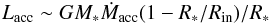Mathematical equation: \begin{equation} L_{\rm acc} \sim G M_* \dot{M}_{\rm acc} (1 - R_*/R_{\rm in}) / R_* \label{Macc1:eq} \end{equation}