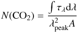 Mathematical equation: \begin{equation} N({\rm CO}_2) = \frac{\int{ \tau_\lambda {\rm d}\lambda}}{\lambda^2_{\rm peak} A} \label{NCO2:eq} \end{equation}