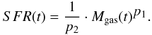 Mathematical equation: $$ SFR(t) = \frac{1}{p_{2}} \cdot M_{\rm gas}(t)^{\displaystyle p_{1}}. $$