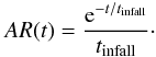 Mathematical equation: $$ AR(t) = \frac{{\rm e}^{- t/t_{\rm infall}}}{t_{\rm infall}}\cdot $$