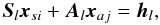 Mathematical equation: \begin{equation} \vec{S}_l\vec{x}_{si}+\vec{A}_l\vec{x}_{aj}=\vec{h}_l , \end{equation}