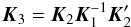 Mathematical equation: \begin{equation} \label{eq:k3} \vec{K}_3 = \vec{K}_2 \vec{K}_1^{-1} \vec{K}_2' \end{equation}