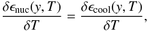 \begin{equation} \frac{\delta \epsilon_\mathrm{nuc}(y,T)}{\delta T} = \frac{\delta \epsilon_\mathrm{cool}(y,T)}{\delta T}, \label{FushikiLamb} \end{equation}
