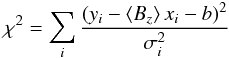 Mathematical equation: \begin{equation} \chi^2 = \sum_i \frac{(y_i - \bz\,x_i - b)^2}{\sigma^2_i} \label{Eq_ChiSquare} \end{equation}