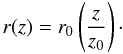 \begin{equation} r(z)=r_0\left(\frac{z}{z_0}\right)\cdot \label{eq:jet_radius} \end{equation}