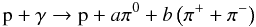 \begin{equation} {\rm p}+\gamma\rightarrow {\rm p}+a\pi^0+b\left(\pi^++\pi^-\right) \label{eq:photomeson1} \end{equation}