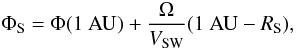 Mathematical equation: \begin{equation} \Phi_{\rm S} = \Phi(1~{\rm AU}) + \frac{\Omega}{V_{\rm SW}}(1~{\rm AU}-R_{\rm S}), \label{eq-parker} \end{equation}