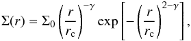 \begin{equation} \Sigma(r)=\Sigma_0 \left(\frac{r}{r_{\rm c}}\right)^{-\gamma} \exp \left[-\left(\frac{r}{r_{\rm c}}\right)^{2-\gamma}\right], \label{eq2} \end{equation}