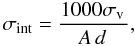 Mathematical equation: \begin{equation} \label{eq.9} \sigma_{\rm int}=\frac{1000\sigma_{\rm v}\,}{A\,d\,} , \end{equation}