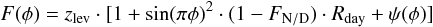 Mathematical equation: \begin{equation} F(\phi)=z_{\rm lev} \cdot [1+\sin({\pi \phi})^2 \cdot (1-F_{\rm N/D}) \cdot R_{\rm day}+\psi(\phi)] \label{equation_Snellen} \end{equation}