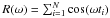 Mathematical equation: \hbox{$R(\omega) = \sum_{i=1}^{N}\cos(\omega t_i)$}