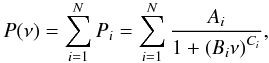 Mathematical equation: \begin{equation} \label{harv} P(\nu) = \sum_{i=1}^{N}P_i = \sum_{i=1}^{N} \frac{A_i}{1+ \left(B_i\nu \right)^{C_i}}, \end{equation}