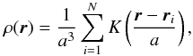 Mathematical equation: \appendix \setcounter{section}{1} \begin{equation} \rho(\vec{r}) = \frac{1}{a^3}\sum_{i=1}^N K\left( \frac{\vec{r} - \vec{r}_i}{a}\right), \label{eq:dens} \end{equation}