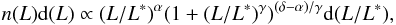 Mathematical equation: \begin{equation} n(L)\mathrm{d}(L) \propto (L/L^*)^\alpha (1 + (L/L^*)^\gamma)^{(\delta - \alpha)/\gamma} \mathrm{d}(L/L^*), \label{eq:lumfun} \end{equation}
