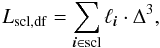 Mathematical equation: \begin{equation} L_{\mathrm{scl,df}} = \sum_{\vec{i}\in \mathrm{scl}} \ell_{\vec i} \cdot \Delta^3, \label{eq:ldf} \end{equation}