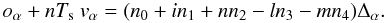 Mathematical equation: \begin{equation*} \oa + n\Te\va = (n_0 + i n_1 + nn_2 - ln_3 - mn_4) \Delta_\alpha . \end{equation*}