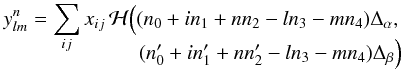Mathematical equation: \begin{eqnarray} \ylmn = \sum_{ij} \xij \, \Hcal\Big((n_0 + i n_1 + nn_2 - ln_3 - mn_4)\Delta_\alpha ,\notag \\[-4mm] (n_0' + i n_1' + nn_2' - ln_3 - mn_4) \Delta_\beta \Big ) \end{eqnarray}