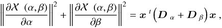Mathematical equation: \begin{equation} \label{eq:700} \left\| \frac{\partial \Ciel(\alpha,\beta)}{\partial \alpha} \right\|^2 + \left\| \frac{\partial \Ciel(\alpha,\beta)}{\partial \beta} \right\|^2 = \xb^t \left( \Dba + \Dbb \right)\xb, \end{equation}
