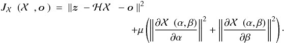 Mathematical equation: \begin{eqnarray} \label{Eq:CritMCRContinu} J_{\Ciel}(\Ciel, \ob)&=& \|\zb - \Hcal\Ciel - \ob\|^2 \nonumber\\ &&\qquad\qquad\qquad+ \mu \left( \left\| \frac{\partial \Ciel(\alpha,\beta)}{\partial \alpha} \right\|^2 + \left\| \frac{\partial \Ciel(\alpha,\beta)}{\partial \beta} \right\|^2 \right)\cdot \end{eqnarray}