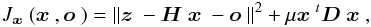 Mathematical equation: \begin{equation} \label{Eq:CritMCRDiscret} J_{\xb}(\xb,\ob) = \|\zb - \Hb\xb - \ob\|^2 + \mu \xb^t\Db\xb, \end{equation}