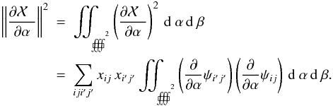 Mathematical equation: \appendix \setcounter{section}{1} \begin{eqnarray*} \left\| \frac{\partial \Ciel}{\partial \alpha}\right\|^2 & =& \iint_{\eR^2} \left( \frac{\partial \Ciel}{\partial \alpha} \right)^2 \, \dD \alpha \,\dD \beta \\ & = &\sum_{ij i'j'} \xij\,\xijprime \iint_{\eR^2} \left(\frac{\partial}{\partial \alpha}\psi_{i'j'}\right) \left( \frac{\partial}{\partial \alpha} \psi_{ij} \right) \, \dD \alpha\, \dD \beta. \end{eqnarray*}
