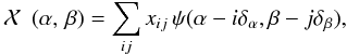 Mathematical equation: \begin{equation} \label{Eq:DecompoCiel} \Ciel (\alpha,\,\beta) = \sum_{ij} \xij \, \psi(\alpha - i\Ta,\beta - j\Tb), \end{equation}