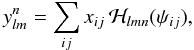 Mathematical equation: \begin{equation} \label{eq:18} \ylmn = \sum_{ij} \xij \, \hcal_{lmn}(\psi_{ij}), \end{equation}