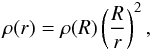 Mathematical equation: \begin{equation} \rho(r) = \rho (R) \left(\frac{R}{r}\right)^{2}, \end{equation}