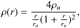 Mathematical equation: \begin{equation} \rho (r) = \frac{4\rho_u}{\frac{r}{r_u}(1 + \frac{r}{r_u})^2}, \end{equation}