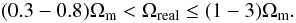 Mathematical equation: \begin{equation} (0.3 - 0.8)\Omega_{\rm m} < \Omega_{\rm real} \le (1-3) \Omega_{\rm m}. \end{equation}
