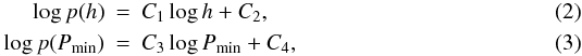 Mathematical equation: \begin{eqnarray} \log p(h) &=& C_1 \log h + C_2, \\ \log p(P_{\min}) &=& C_3 \log P_{\min} + C_4, \end{eqnarray}