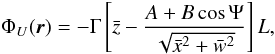 Mathematical equation: \begin{equation} \Phi_U (\vec{r}) = -\Gamma \left\lbrack \bar{z}-\frac{A+B\cos \Psi }{\sqrt{\bar{x} ^{2}+\bar{w}^{2}}}\right]L, \end{equation}