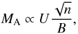 Mathematical equation: \begin{equation} M_{\rm A} \propto U \frac{\sqrt{n}}{B}, \end{equation}