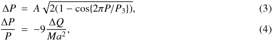 Mathematical equation: \begin{eqnarray} \Delta P &=& A \sqrt{2 (1 - \cos \{2\pi P/P_{3}\})} ,\\ \frac{\Delta P}{P} &=& -9 \frac{\Delta Q}{Ma^2} , \end{eqnarray}