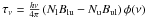Mathematical equation: \hbox{$\tau_\nu = \frac{h \nu} { 4\pi } \, (N_{\rm l} B_{\rm lu} - N_{\rm u} B_{\rm ul})\, \phi(\nu)$}