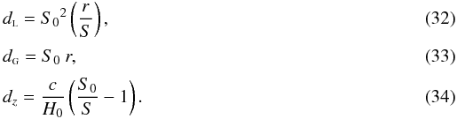 Mathematical equation: \begin{eqnarray} &&\dl = {S_0}^2 \left(\frac{r}{S} \right), \label{dl} \\[1mm] &&\dg = S_0 \: r, \label{dg} \\[1mm] &&d_z=\frac{c}{H_0} \left(\frac{S_0}{S} -1 \right). \label{dzS} \end{eqnarray}