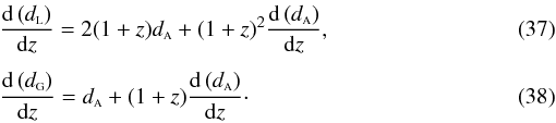 Mathematical equation: \begin{eqnarray} \label{diffdl} &&\frac{{\rm d}\left(\dl\right)}{{\rm d}z} = 2(1+z)\da + (1+z)^2\frac{{\rm d}\left(\da\right)}{{\rm d}z}, \\[1.5mm] \label{diffdg} &&\frac{{\rm d}\left(\dg\right)}{{\rm d}z} = \da + (1+z)\frac{{\rm d}\left(\da\right)}{{\rm d}z}\cdot \end{eqnarray}