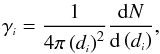 Mathematical equation: \begin{equation} \label{gammadef} \gen{\gamma} = \frac{1}{4 \pi \left(\gen{d}\right)^2}\frac{{\rm d}N}{{\rm d}\left(\gen{d}\right)}, \end{equation}