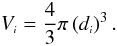 Mathematical equation: \begin{equation} \label{volume} \gen{V} = \frac{4}{3} \pi \left(\gen{d}\right)^3. \end{equation}