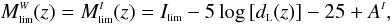 Mathematical equation: \begin{equation} \label{mlim} M^{\ssty W}_{\ssty \lim}(z) = M^{\ssty I}_{\ssty \lim}(z) = I_{\ssty \lim} - 5 \log\left[\dl (z)\right] - 25 + A^{\ssty I}, \end{equation}