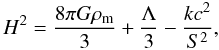 Mathematical equation: \begin{equation} \label{friedini} H^2 = \frac{8 \pi G \rho_{\rm m}}{3} + \frac{\Lambda}{3} - \frac{k c^2}{S^2}, \end{equation}