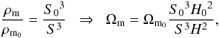 Mathematical equation: \begin{equation} \label{vscale} \frac{\rho_{\rm m}}{\rho_{{\rm m}_0}} = \frac{{S_0}^3}{S^3} \; \; \Rightarrow \; \; \Omega_{\rm m} = \Omega_{{\rm m}_0} \frac{{S_0}^3{H_0}^2}{S^3 H^2}, \end{equation}